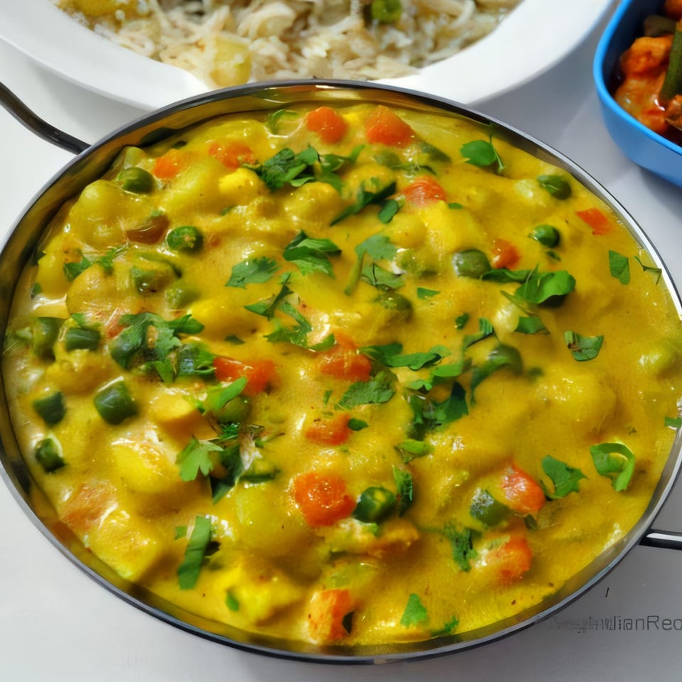 Close-up of a vibrant yellow Indian vegetable curry with peas, carrots, and potatoes, garnished with cilantro.