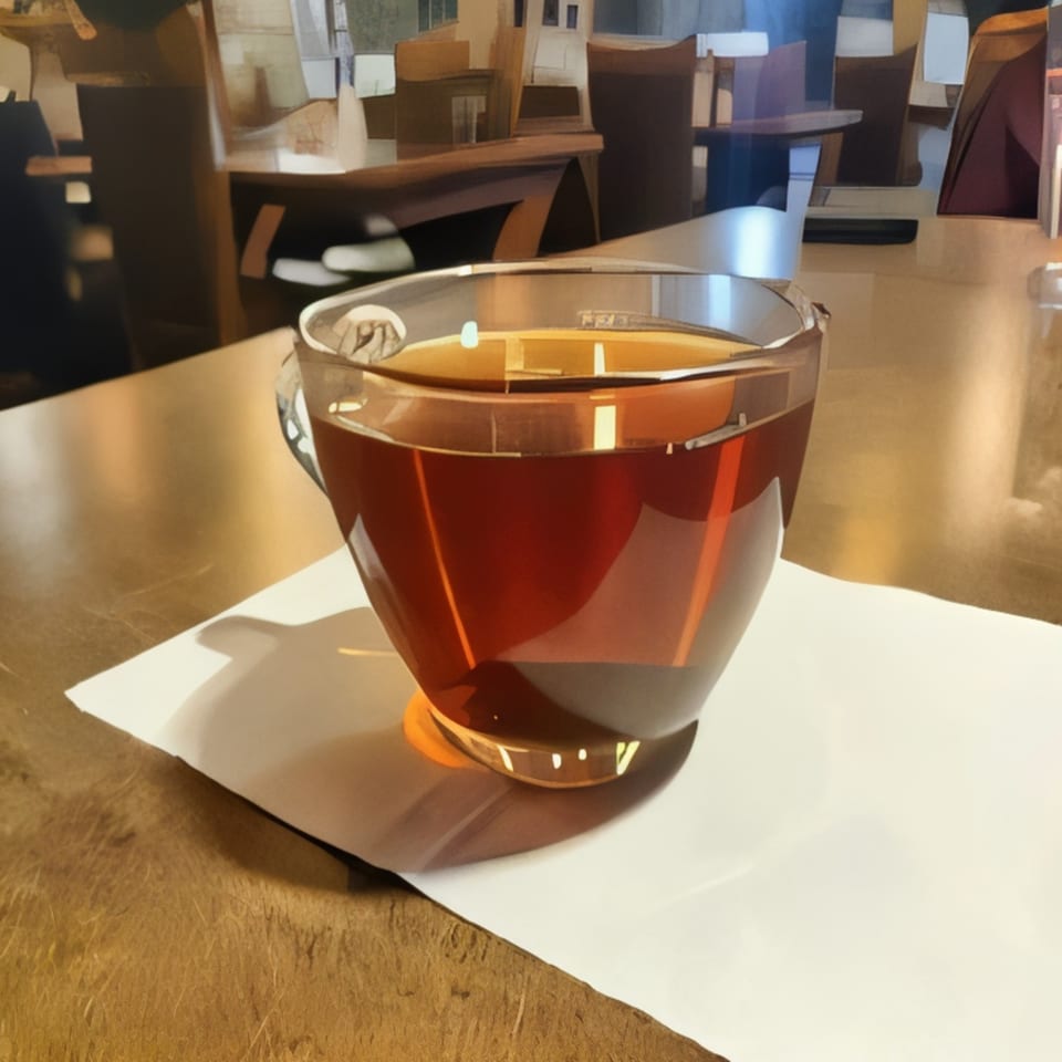 A clear glass cup of amber-colored Indian tea sits on a white napkin on a wooden table.