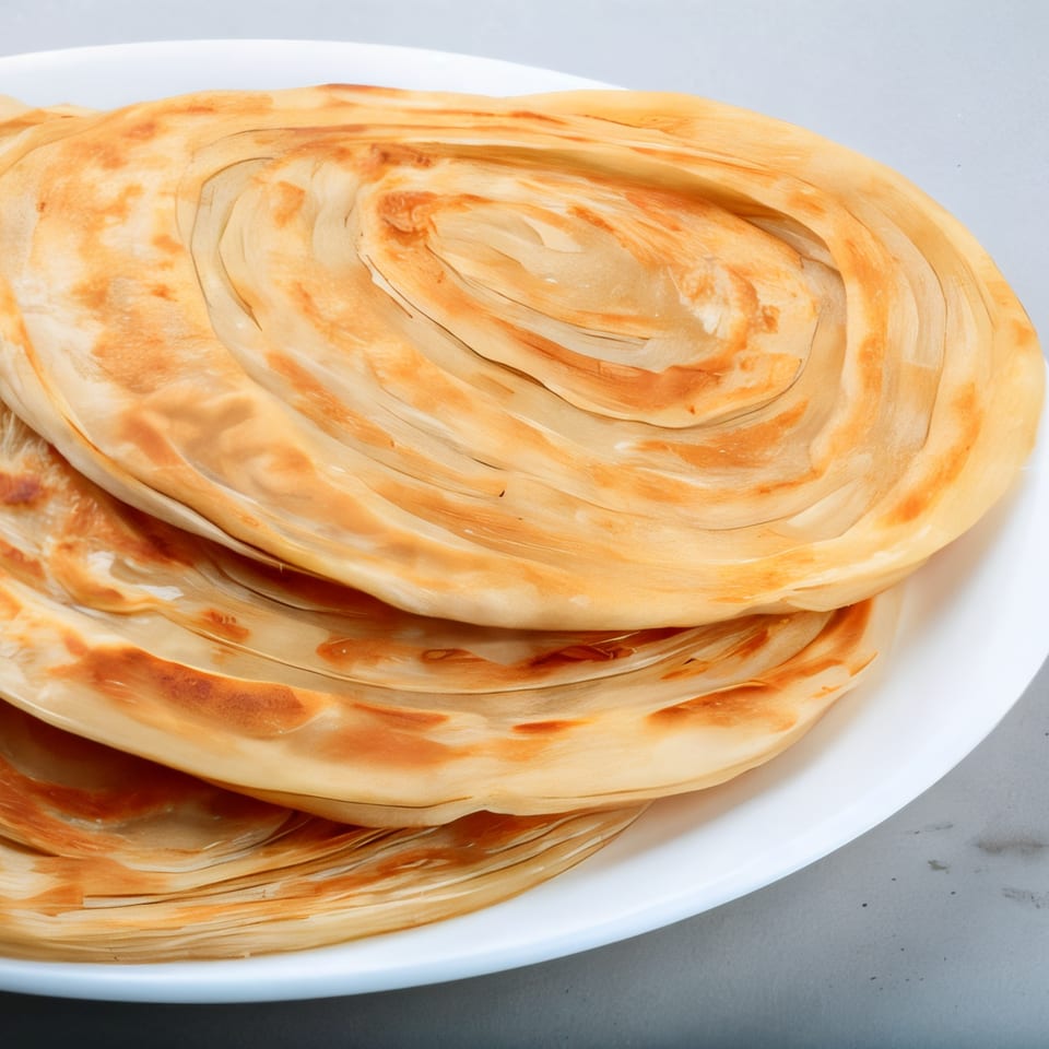 Close-up of golden-brown, flaky Indian paratha bread stacked on a white plate.