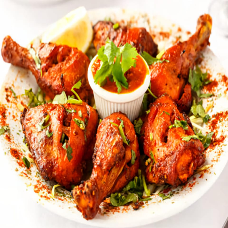 Taj India Restaurant's Tandoori Chicken, garnished with cilantro, a lemon wedge, and a side of sauce.